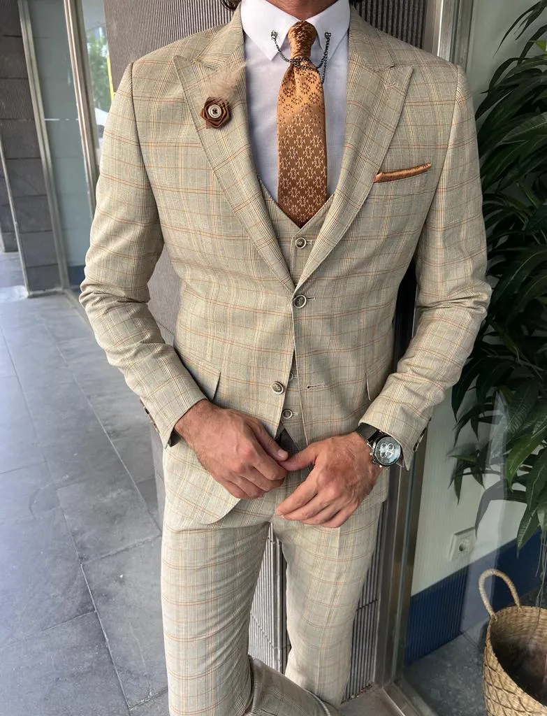 Ace Slim Fit Plaid Beige Striped Suit