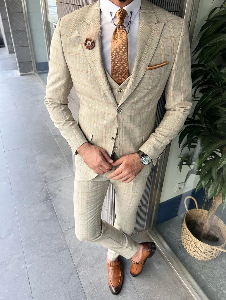 Ace Slim Fit Plaid Beige Striped Suit