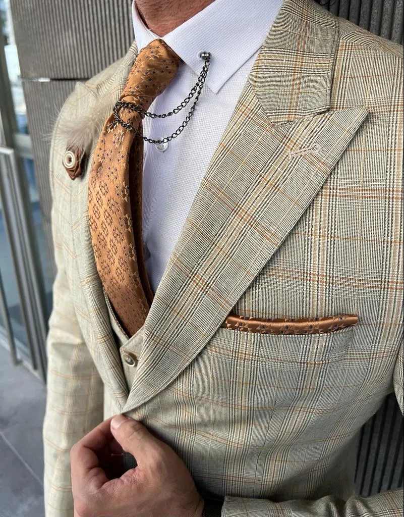 Ace Slim Fit Plaid Beige Striped Suit