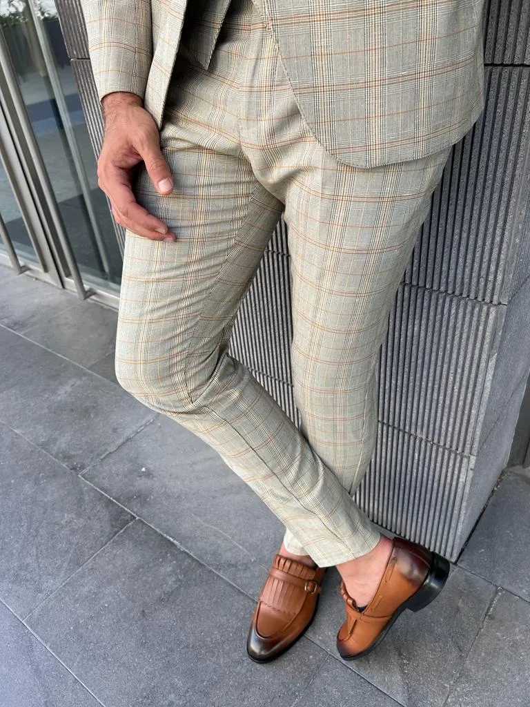 Ace Slim Fit Plaid Beige Striped Suit