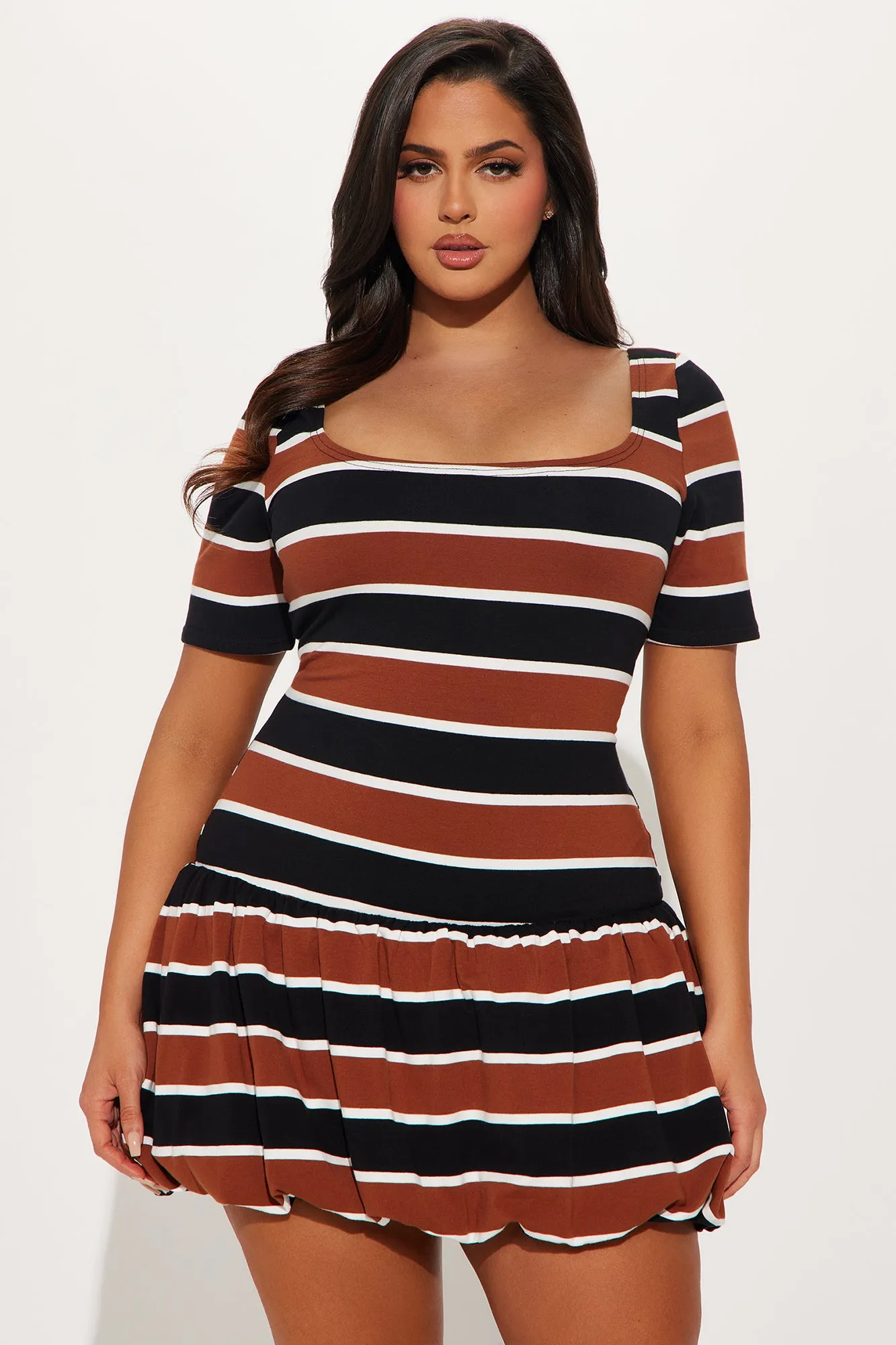 Ace Striped Bubble Mini Dress - Black/Brown