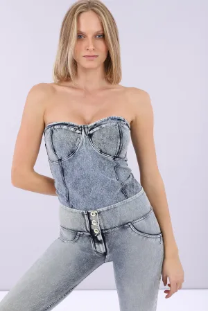 Acid Wash Denim Bodysuit - Vintage Corset-Style Fit