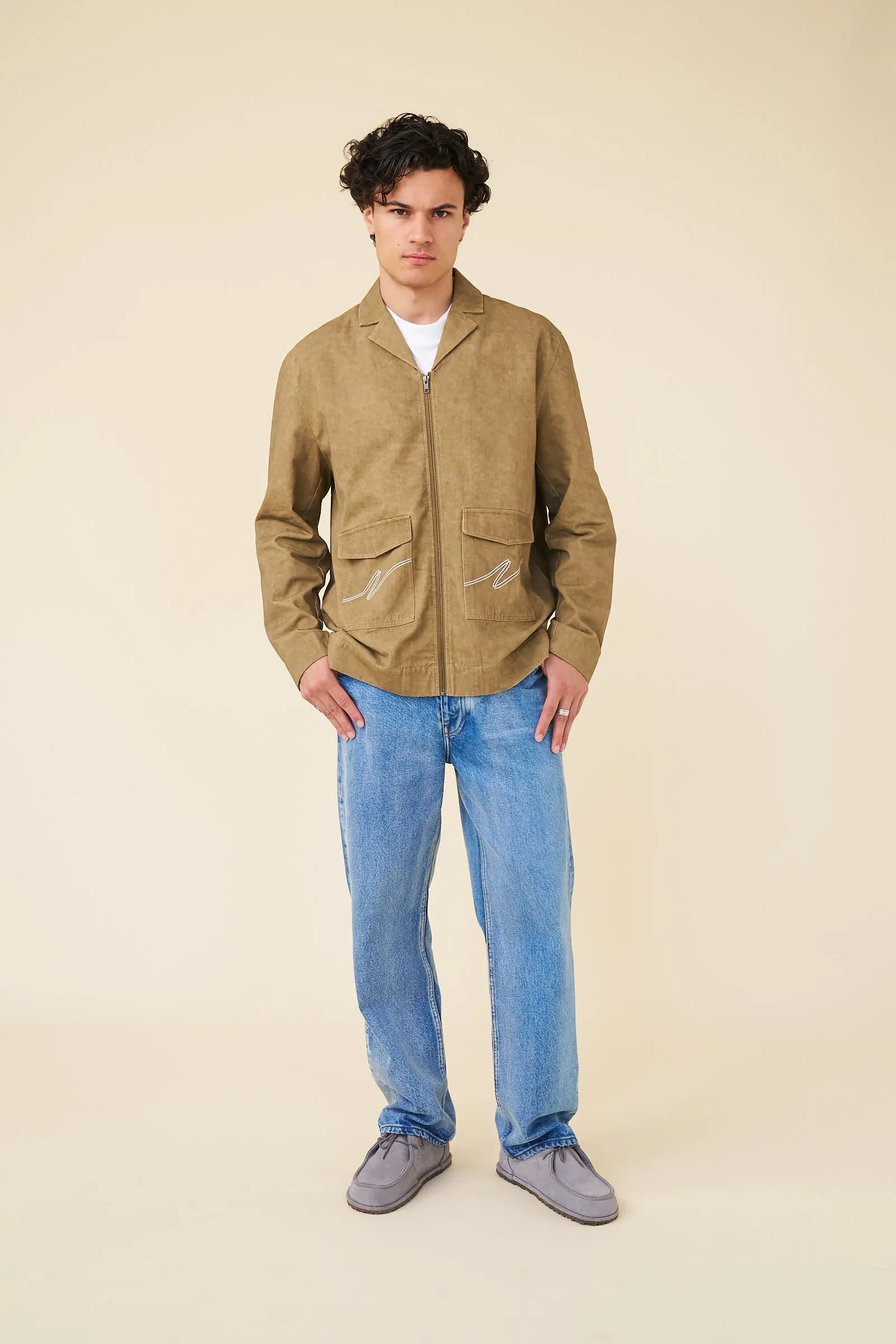 ACID WASH WORKWEAR ZIP UP - BROWN