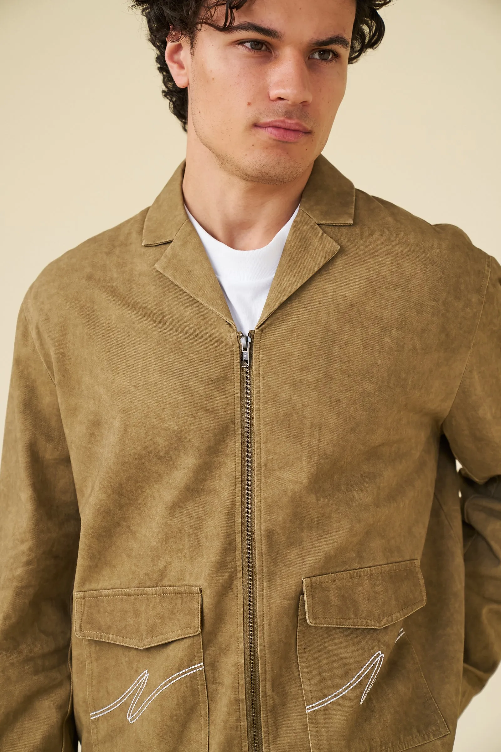 ACID WASH WORKWEAR ZIP UP - BROWN