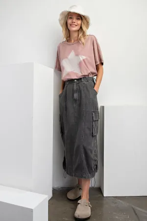 ACID WASHED DENIM CARGO SKIRT (Black)