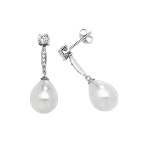 Acotis Silver Pearl Rhodium Drop Earrings with Zirconia Accents G51140