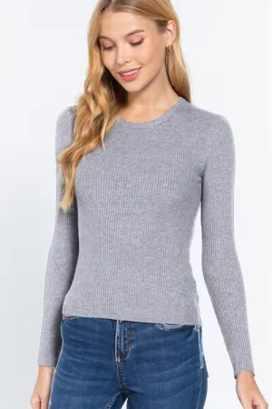 ACTIVE BASIC Full Size Ribbed Round Neck Long Sleeve Knit Top