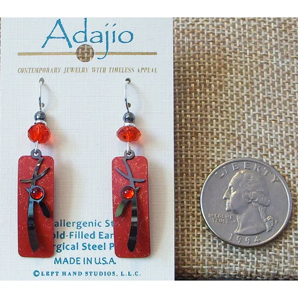 Adajio Vibrant Red Column w/Etched Asian-Design Overlay Pierced Earrings