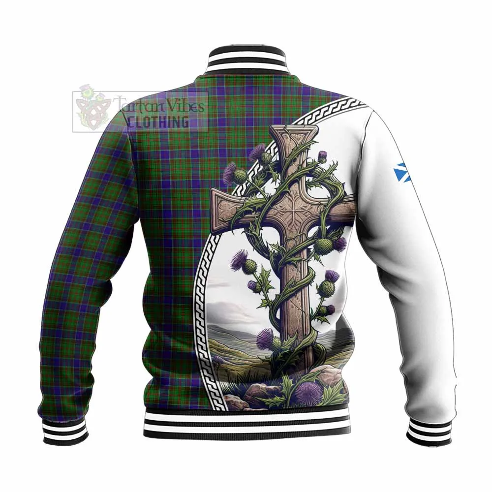 Adam Tartan Baseball Jacket with Family Crest and St. Andrew's Cross Accented by Thistle Vines