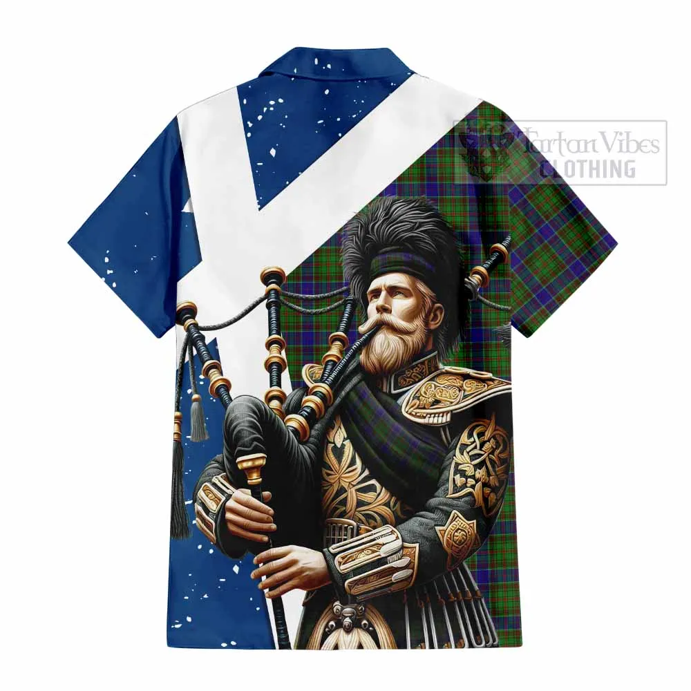 Adam Tartan Short Sleeve Button Shirt with Family Crest Scottish Bagpiper Vibes