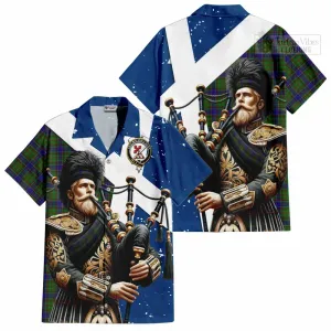 Adam Tartan Short Sleeve Button Shirt with Family Crest Scottish Bagpiper Vibes