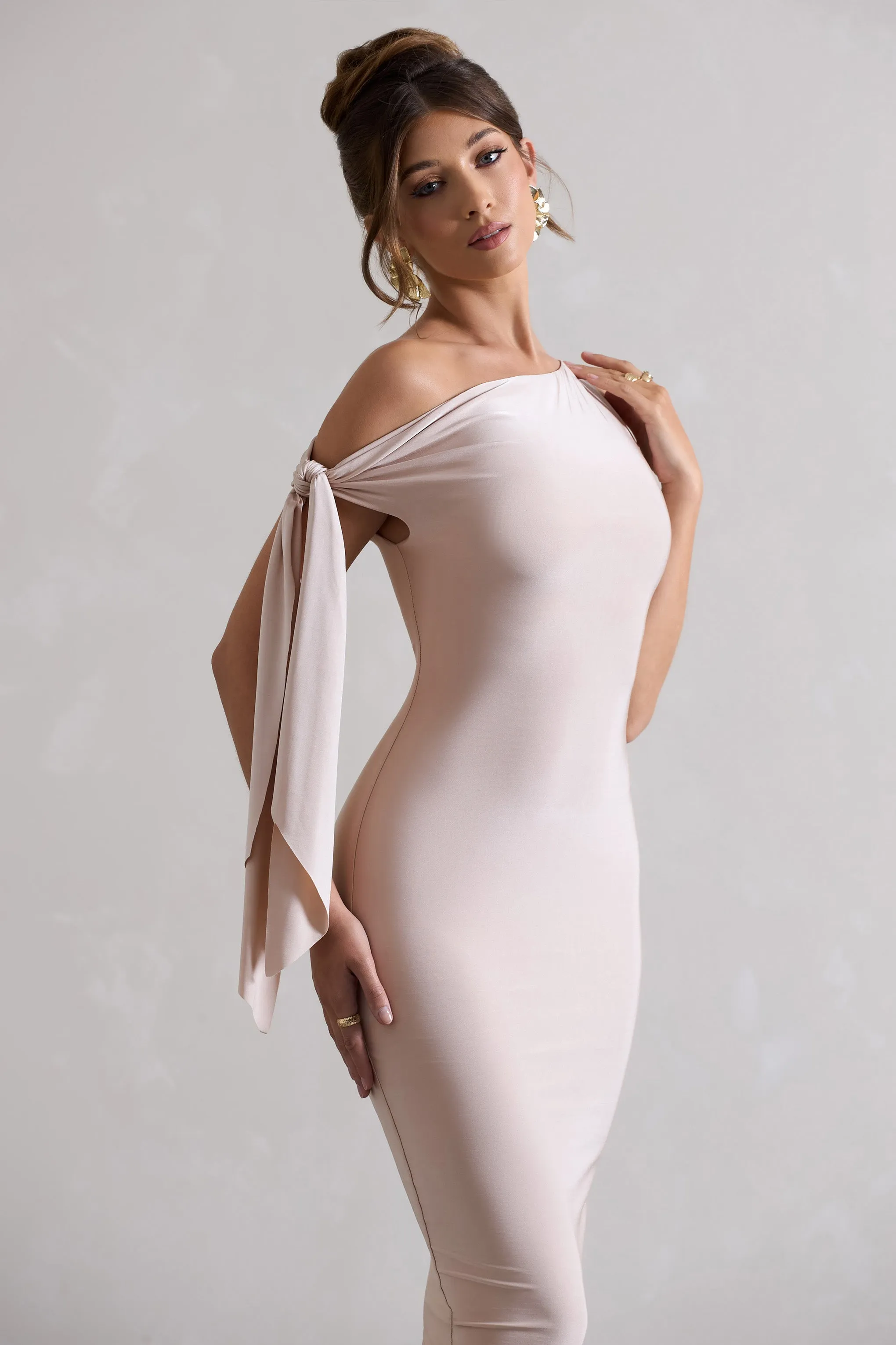 Adapt | Champagne Asymmetric Midi Dress With Tie Sleeve