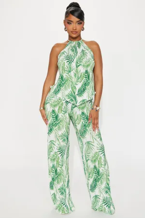 Addie Tropical Plisse Pant Set - Green/combo