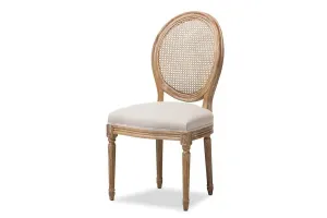 Adelia Oak Wood & Beige Fabric Upholstered Dining Side Chair, Round Cane Back