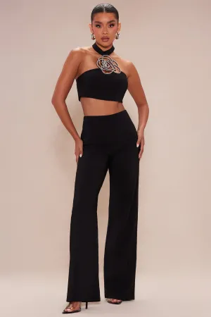 Adeline Embellished Rose Pant Set - Black