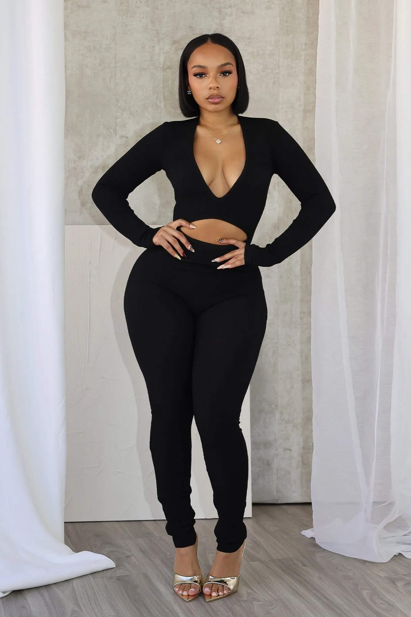 Adellia Ribbed Knit Deep V-Neck Jumpsuit