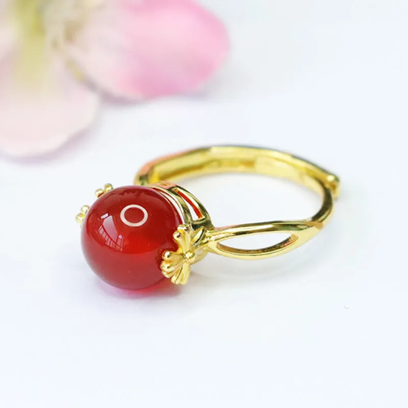 Adjustable Sterling Silver Ring with Red Agate and Green Chalcedony Gemstones