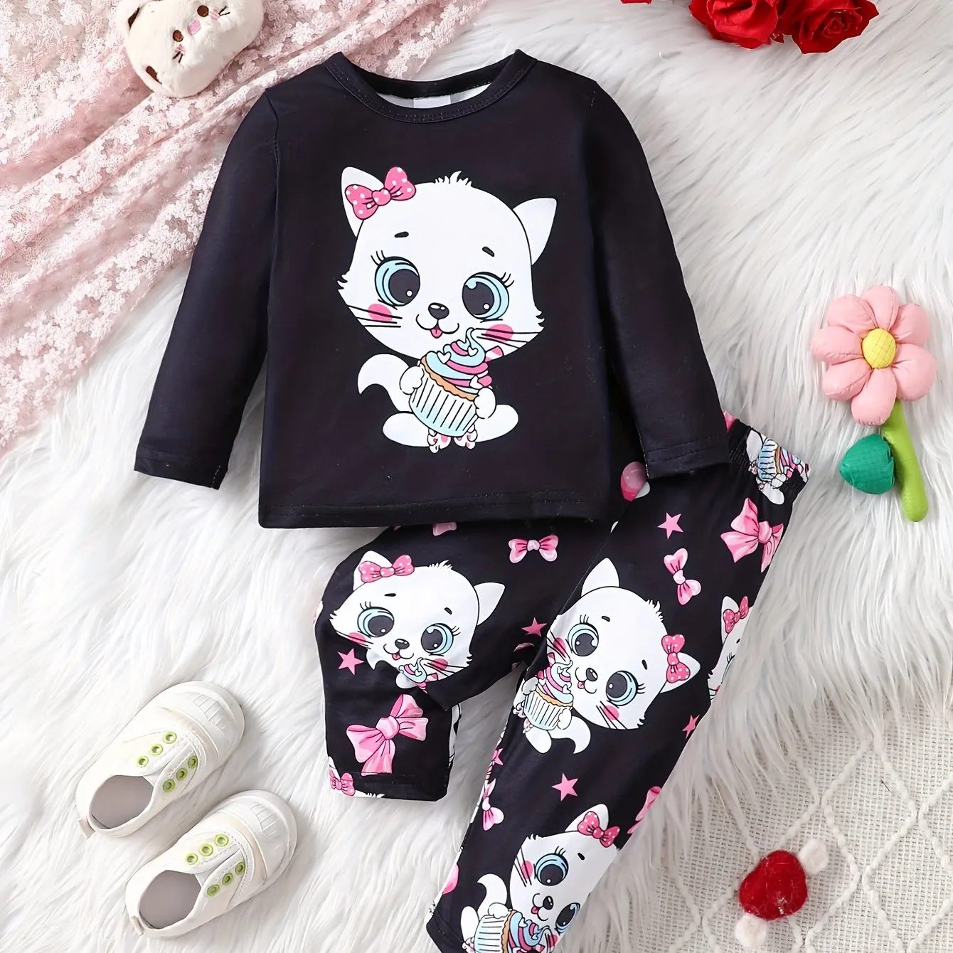 Adorable Baby Girl Cat Print Top  Leopard Pants Set