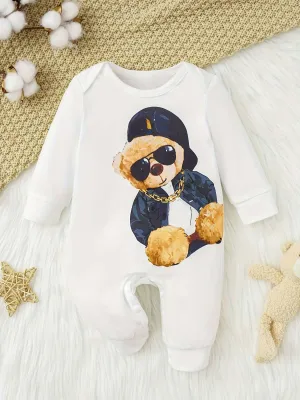 Adorable Cute Long Sleeve Cool Bear Motif Jumpsuit with Bottom Snap