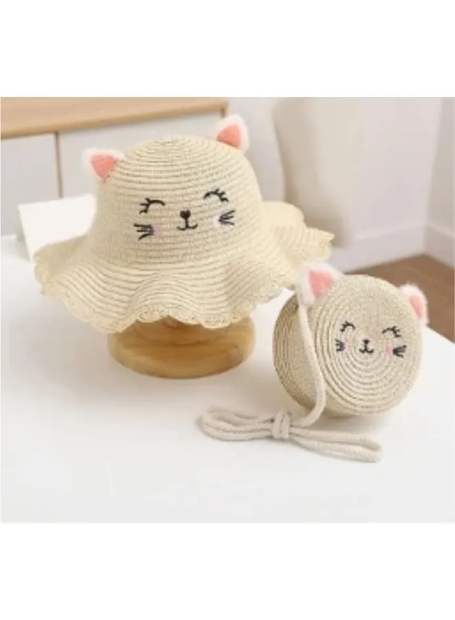 Adorable Kids Summer Straw Hat with Cat-Ear Shaped Cap, Smile Face, and Matching Handbag - Wide Brim Girls Straw Sun Hat for Stylish Sun Protection and Playful Adventures