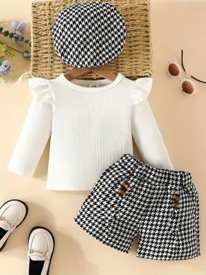 Adorable Toddler Girl Romper Set with Houndstooth Shorts  Hat