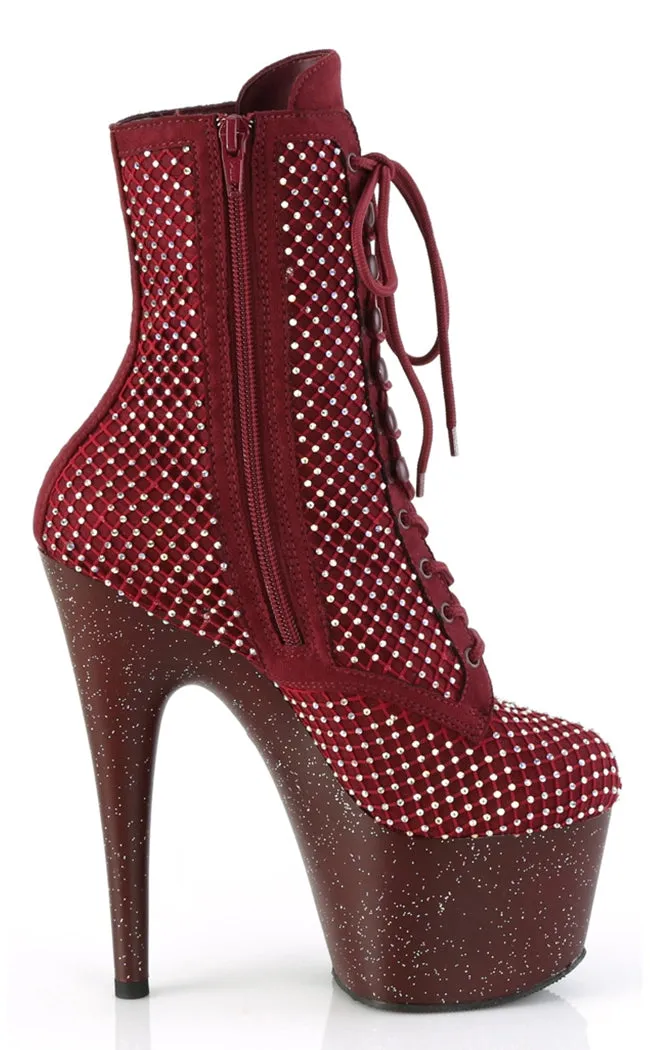 ADORE-1020RM Burgundy Mesh Rhinestone Ankle Boots