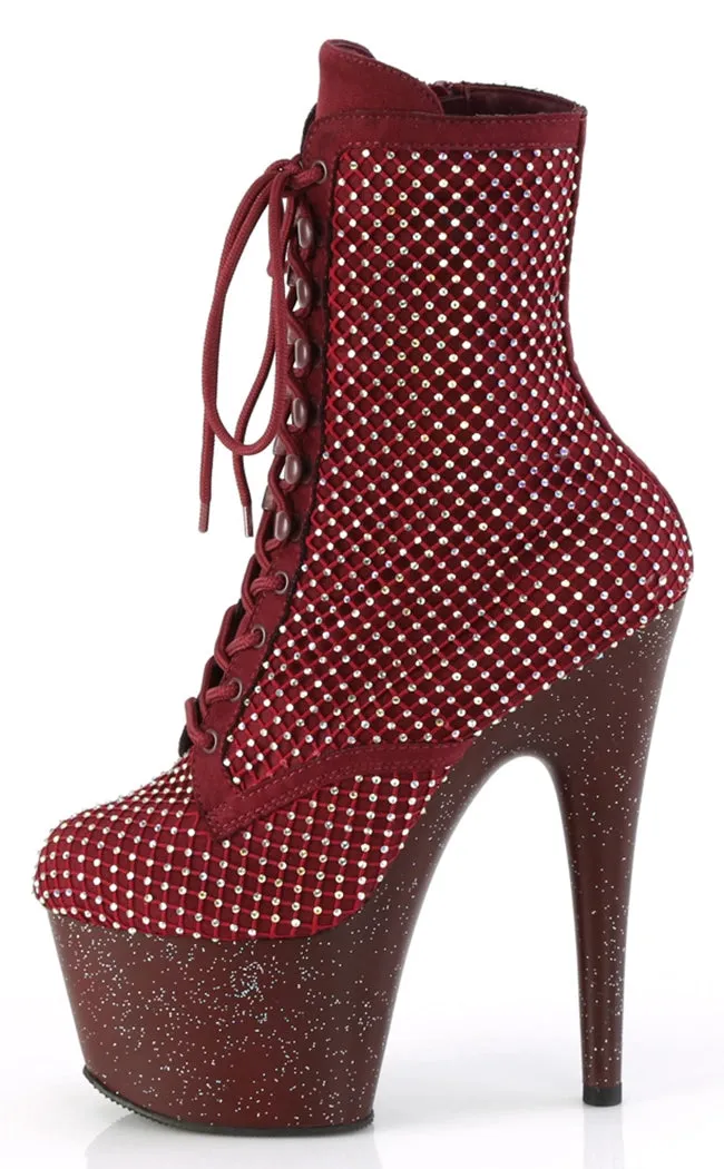 ADORE-1020RM Burgundy Mesh Rhinestone Ankle Boots