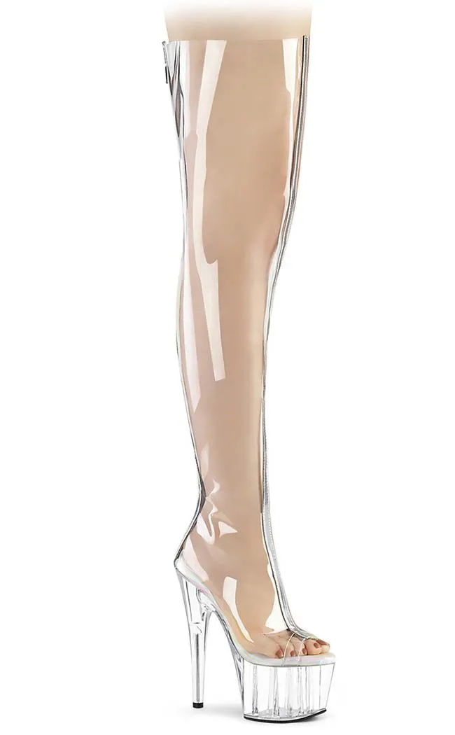 ADORE-3021 Clear & Silver Thigh High Boots