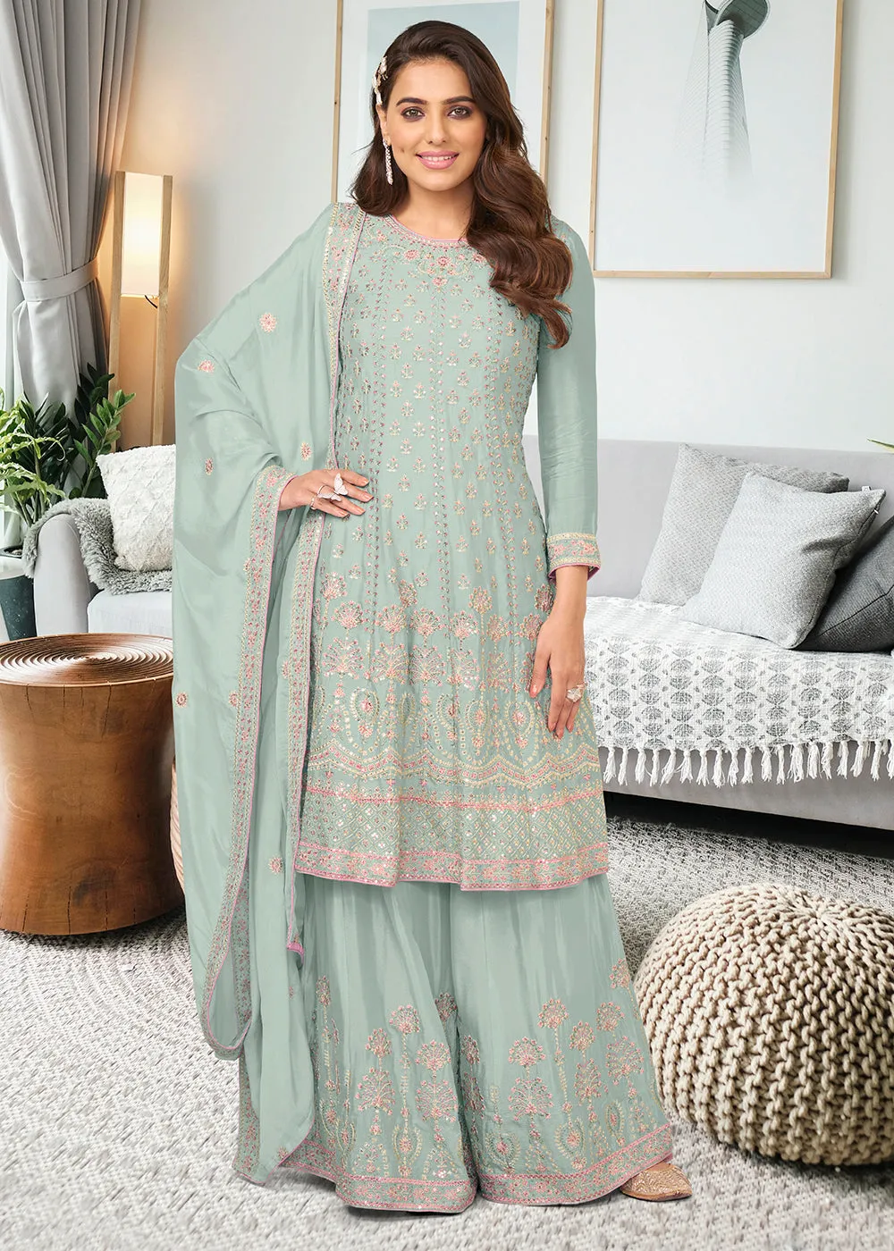 Adorning Aqua Blue Heavy Chinon Embroidered Palazzo Kurta Set