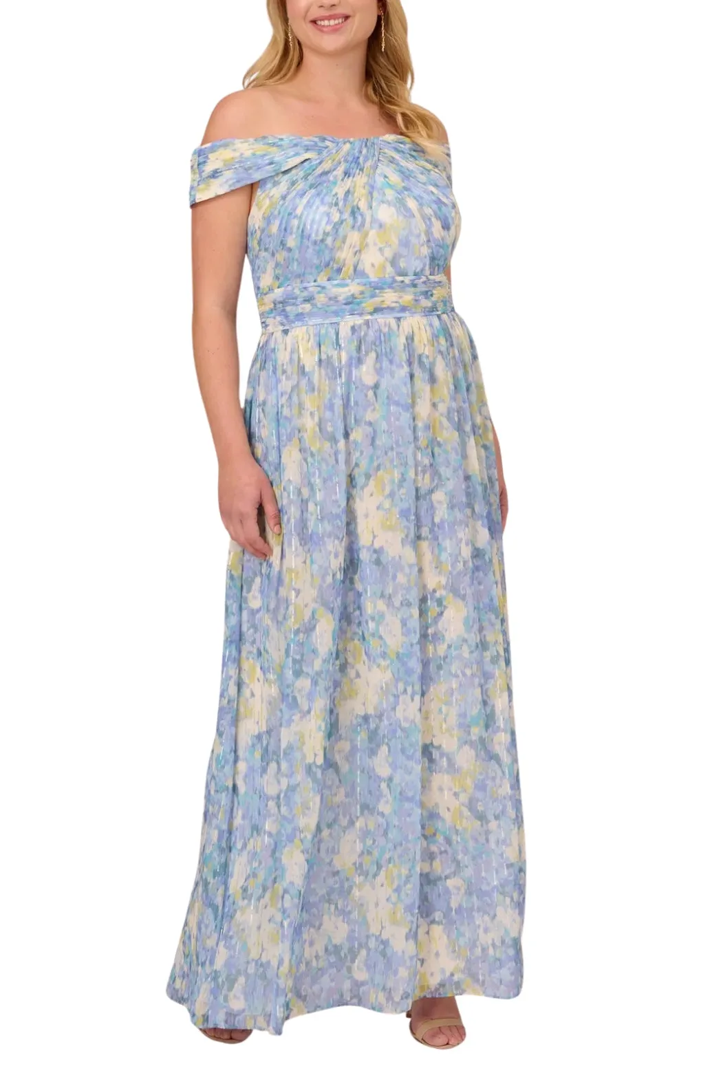 Adrianna Papell chiffon floral print off the shoulder neckline ballgown dress (Plus Size)