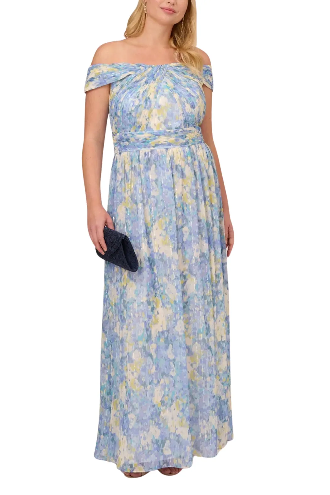 Adrianna Papell chiffon floral print off the shoulder neckline ballgown dress (Plus Size)