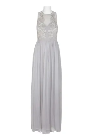 Adrianna Papell Crew Neck Sleeveless Illusion Ruched Keyhole Back Embroidered Mesh Gown