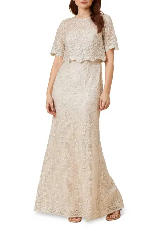 Adrianna Papell lace popover short sleeve sequin gown