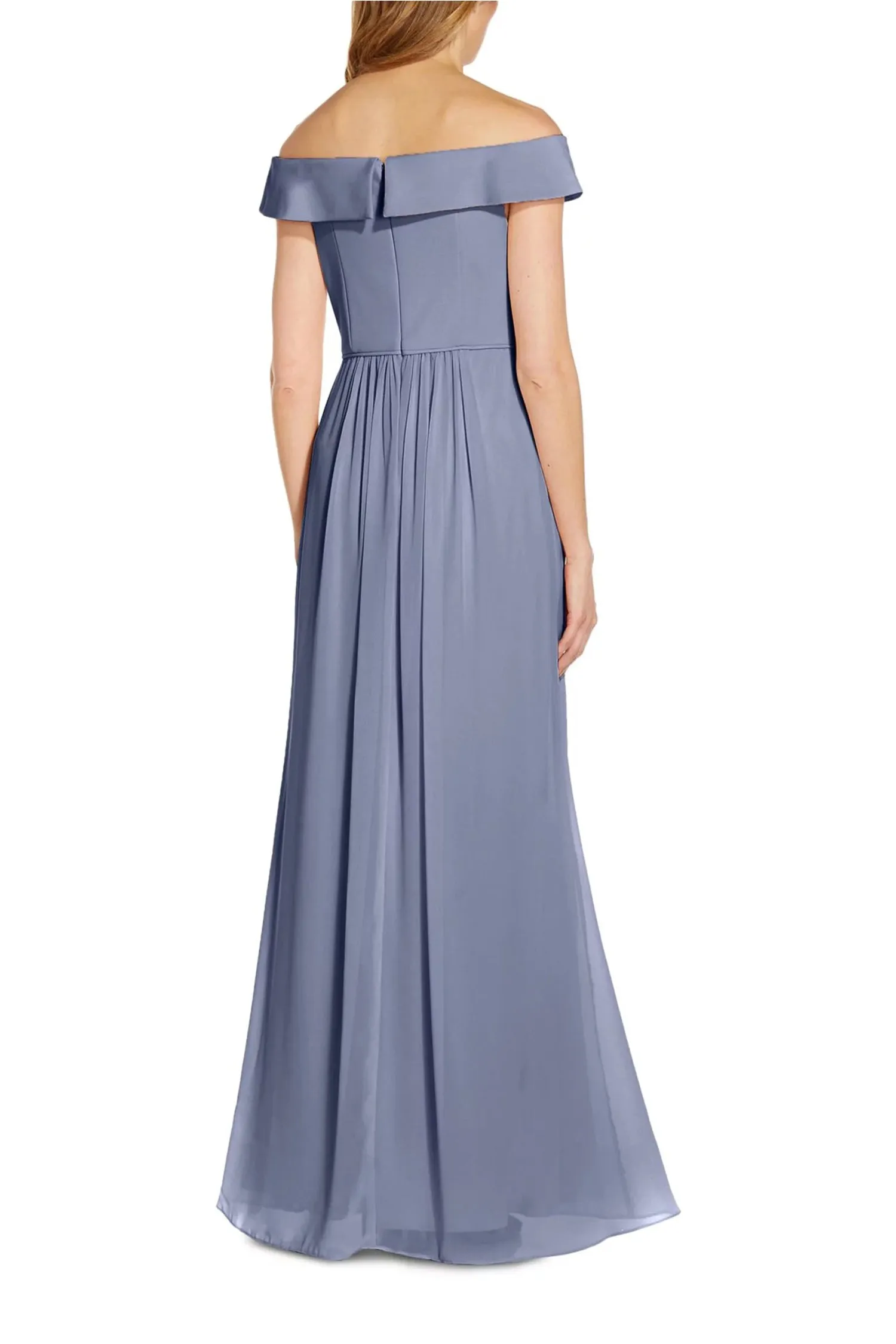 Adrianna Papell Off Shoulder Zipper Back Ruched Piping Detail Crepe Chiffon Gown