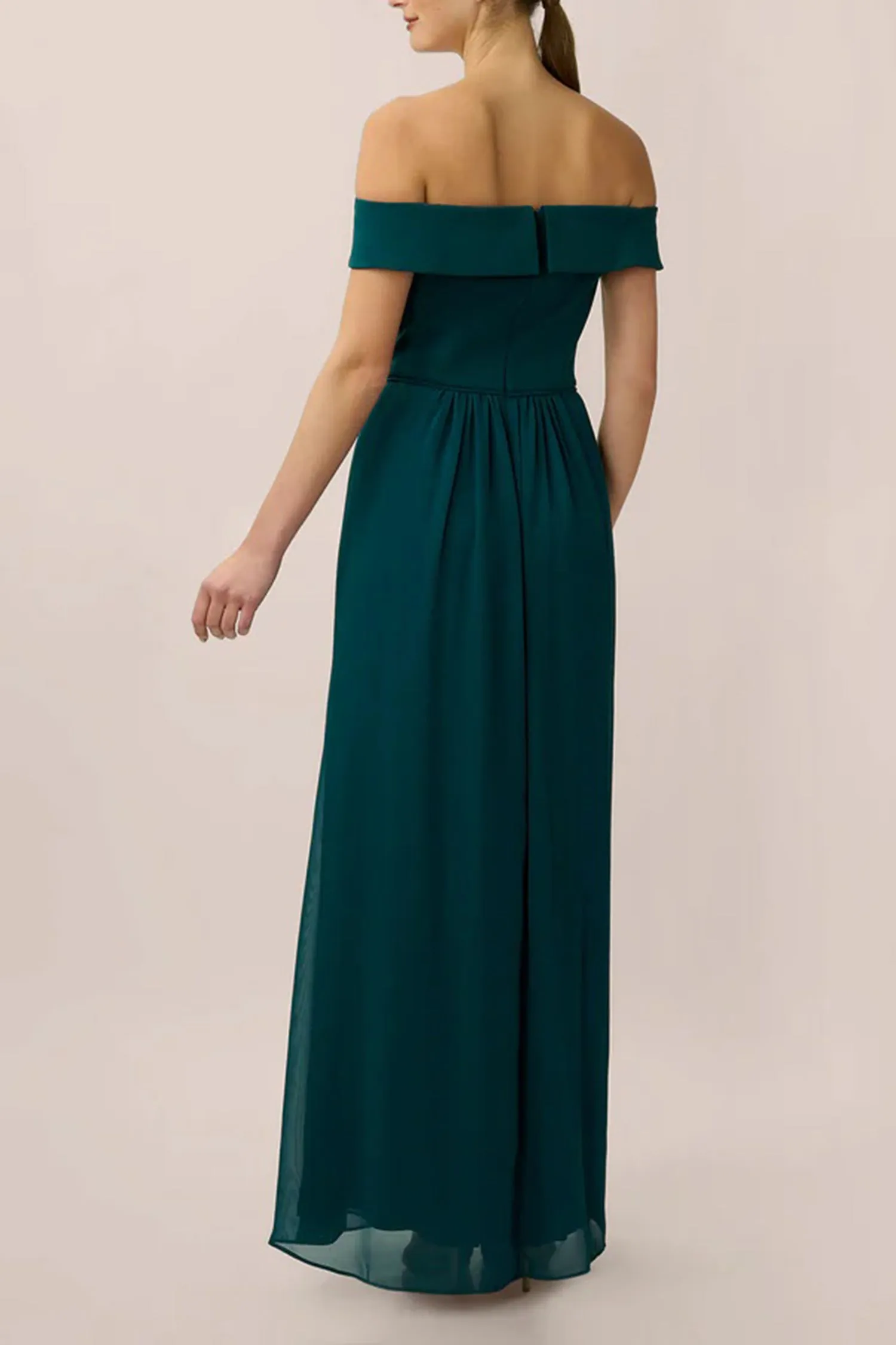 Adrianna Papell Off Shoulder Zipper Back Ruched Piping Detail Crepe Chiffon Gown