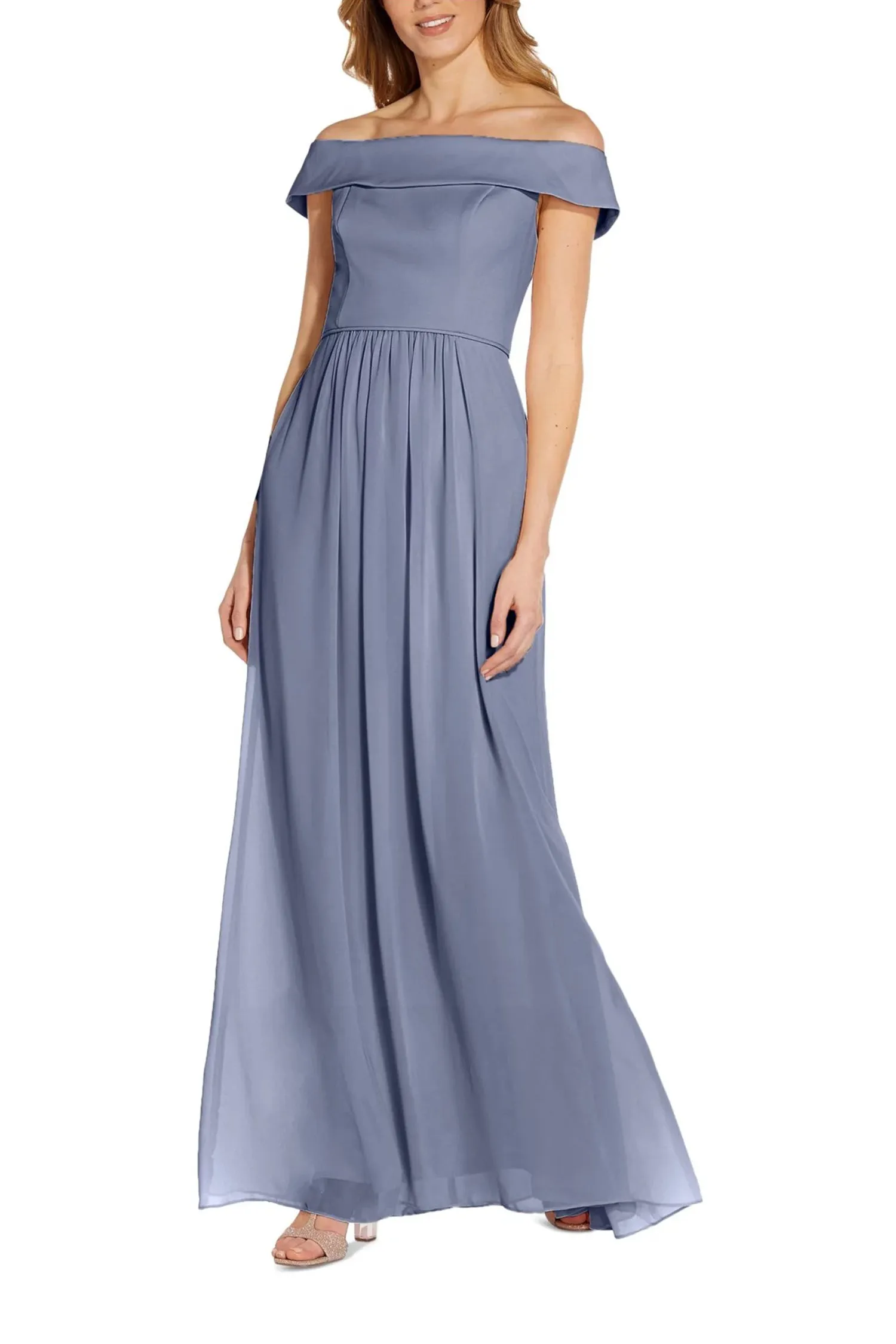 Adrianna Papell Off Shoulder Zipper Back Ruched Piping Detail Crepe Chiffon Gown