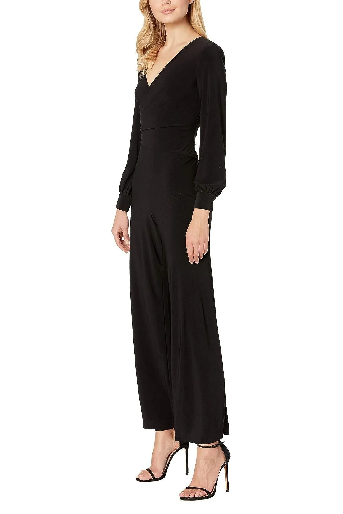 Adrianna Papell V-Neck Ruched Long Sleeve Zipper Back Solid Jersey Jumpsuit