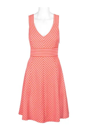 Adrianna Papell V-Neck Sleeveless Crossed Back Stripe Pattern Ottoman Dress