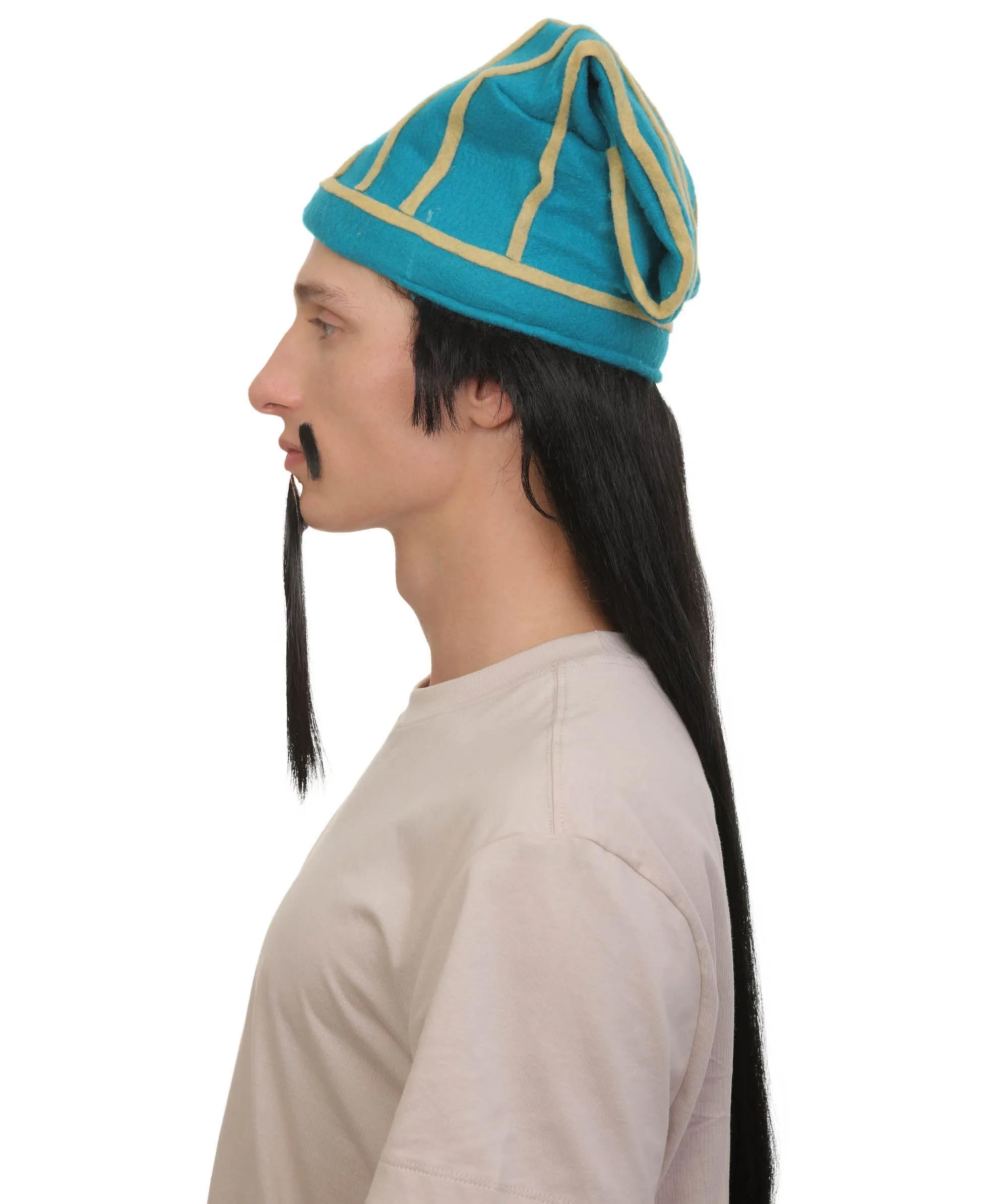 Adult Men's Straight Long Black Wig with Attached Hat Mustache Beard | Best for Halloween | Flame-retardant Synthetic Materials