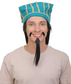 Adult Men's Straight Long Black Wig with Attached Hat Mustache Beard | Best for Halloween | Flame-retardant Synthetic Materials