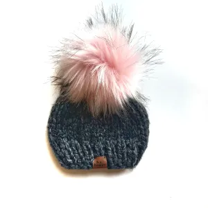 Adult Pom Pom Hat | Charcoal Gray   Light Pink Pom