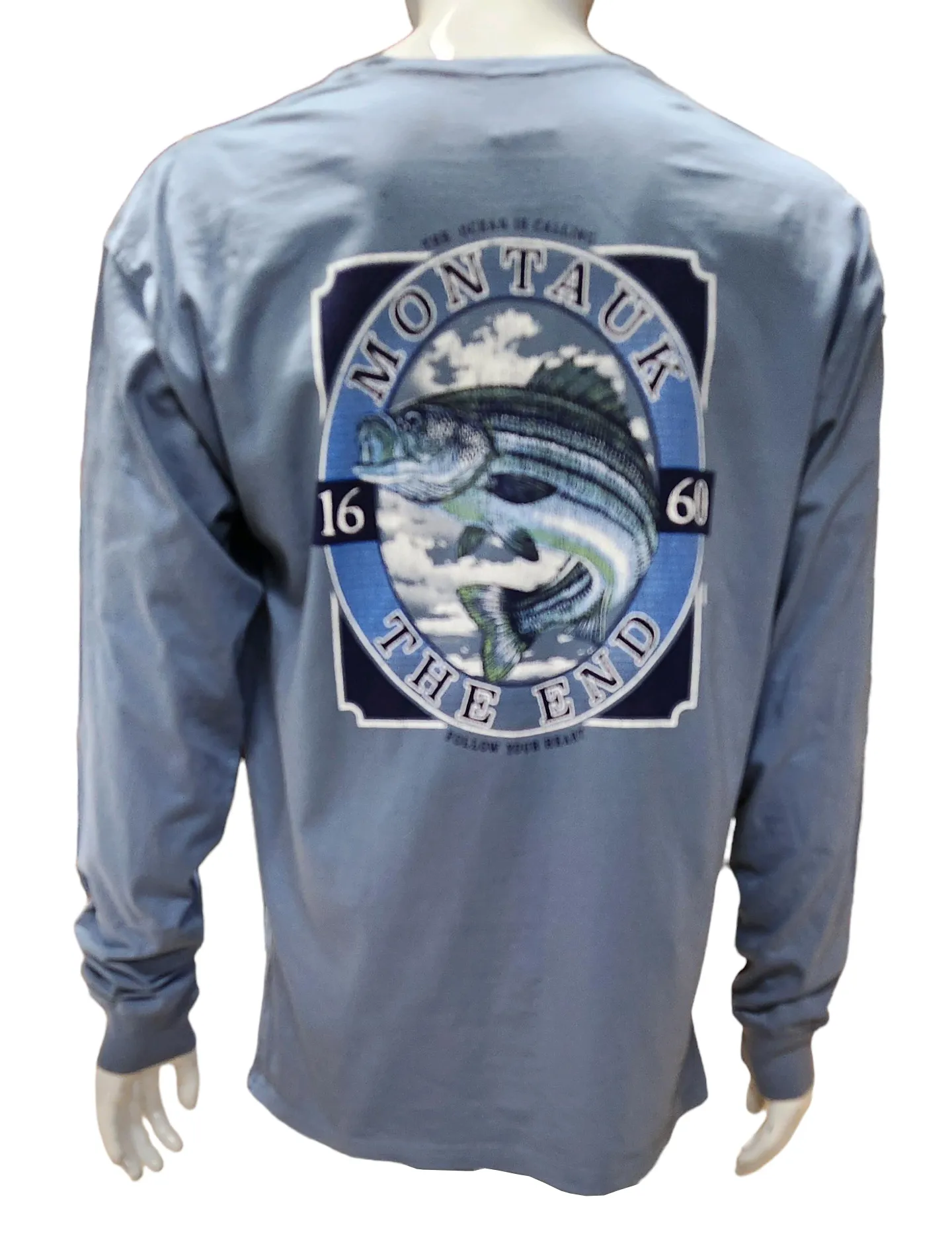 Adult Unisex Wild West Fishing Montauk The End 1660 Bass Screen Printed Long Sleeve T-Shirt