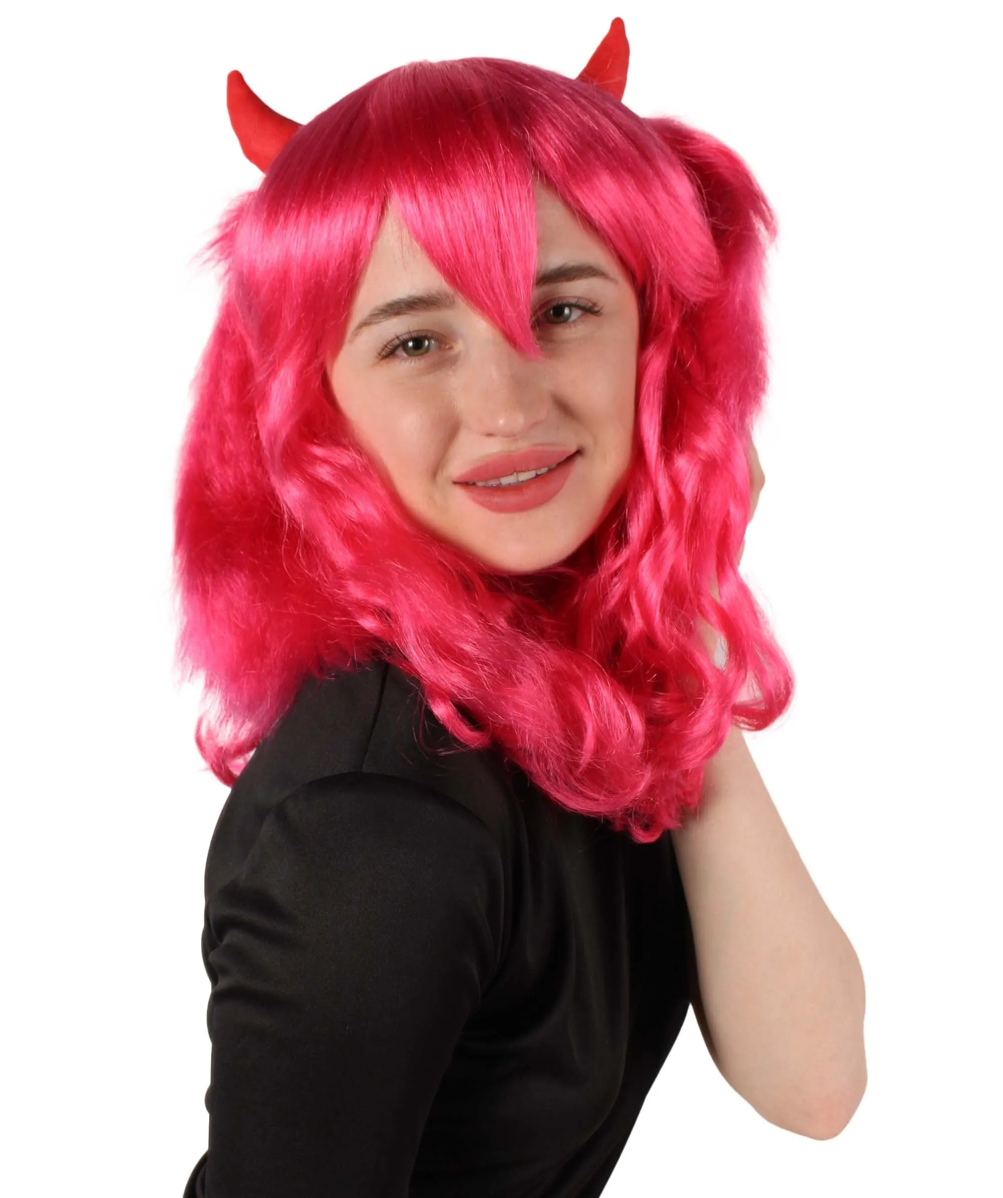 Adult Women's Anime Wavy Demon Wig with Horns | Multiple Color Options