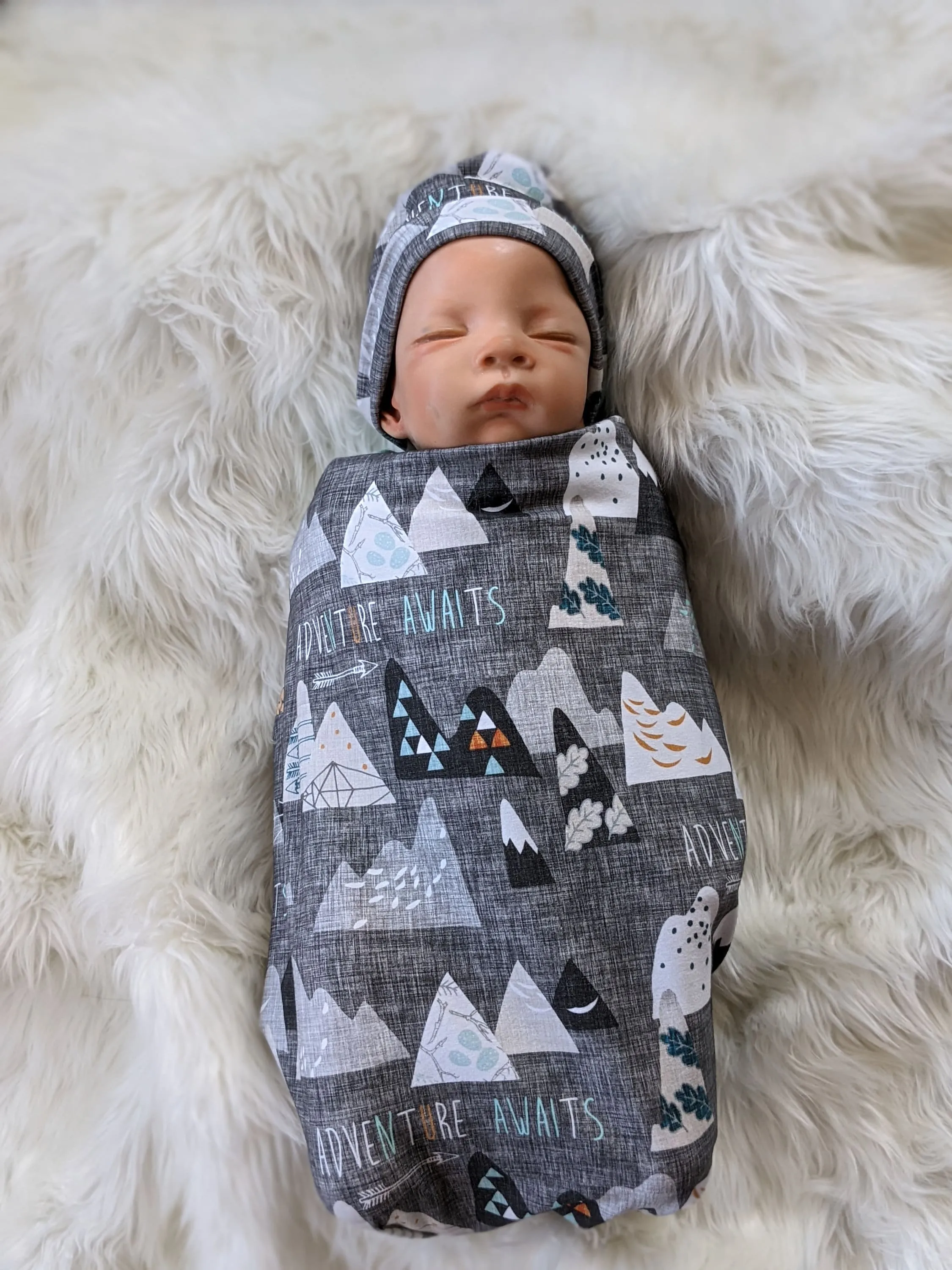 Adventure Awaits Mountain Baby Blanket   Matching Hat or Headband in Charcoal Gray,Outdoorsy,Whimsy