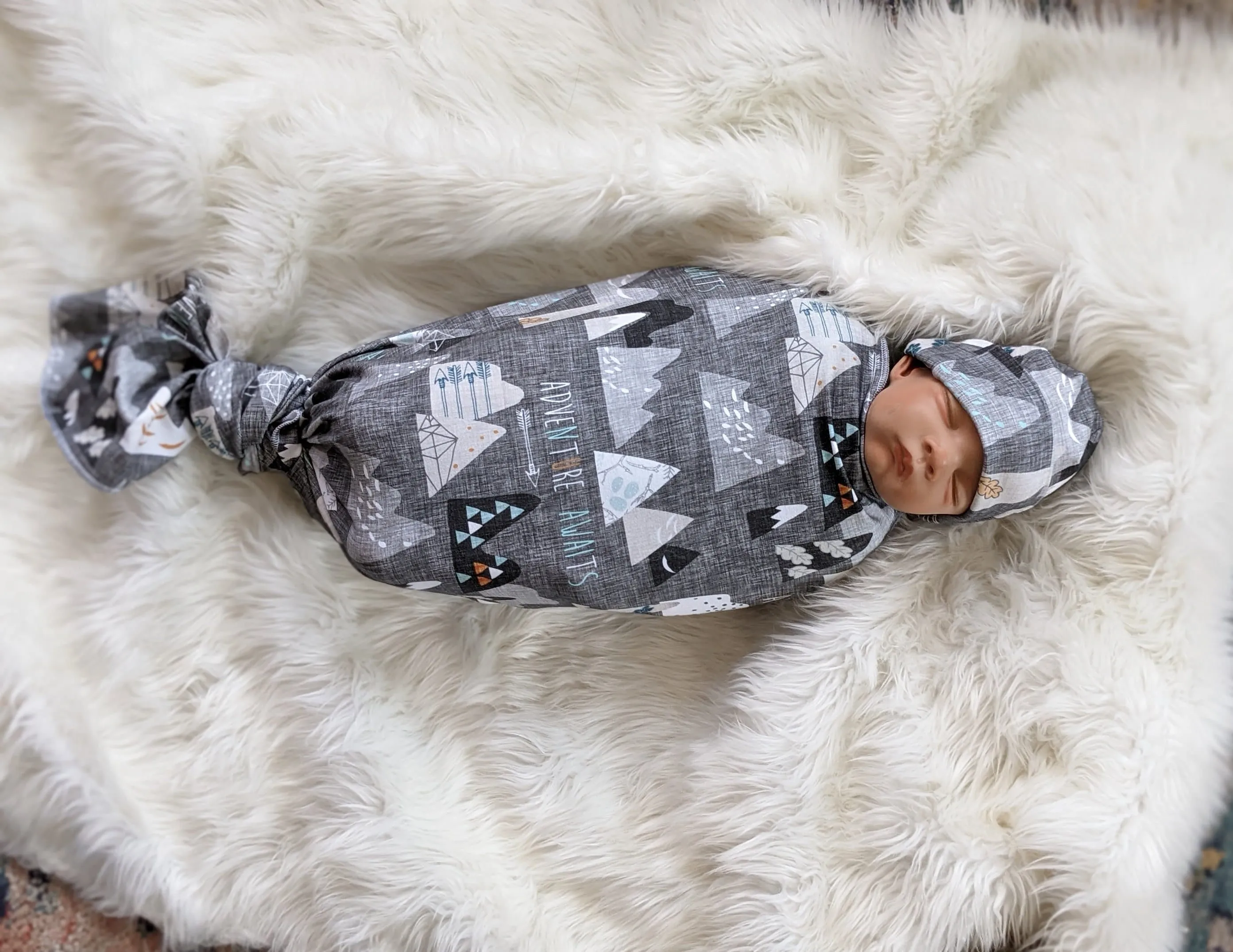 Adventure Awaits Mountain Baby Blanket   Matching Hat or Headband in Charcoal Gray,Outdoorsy,Whimsy