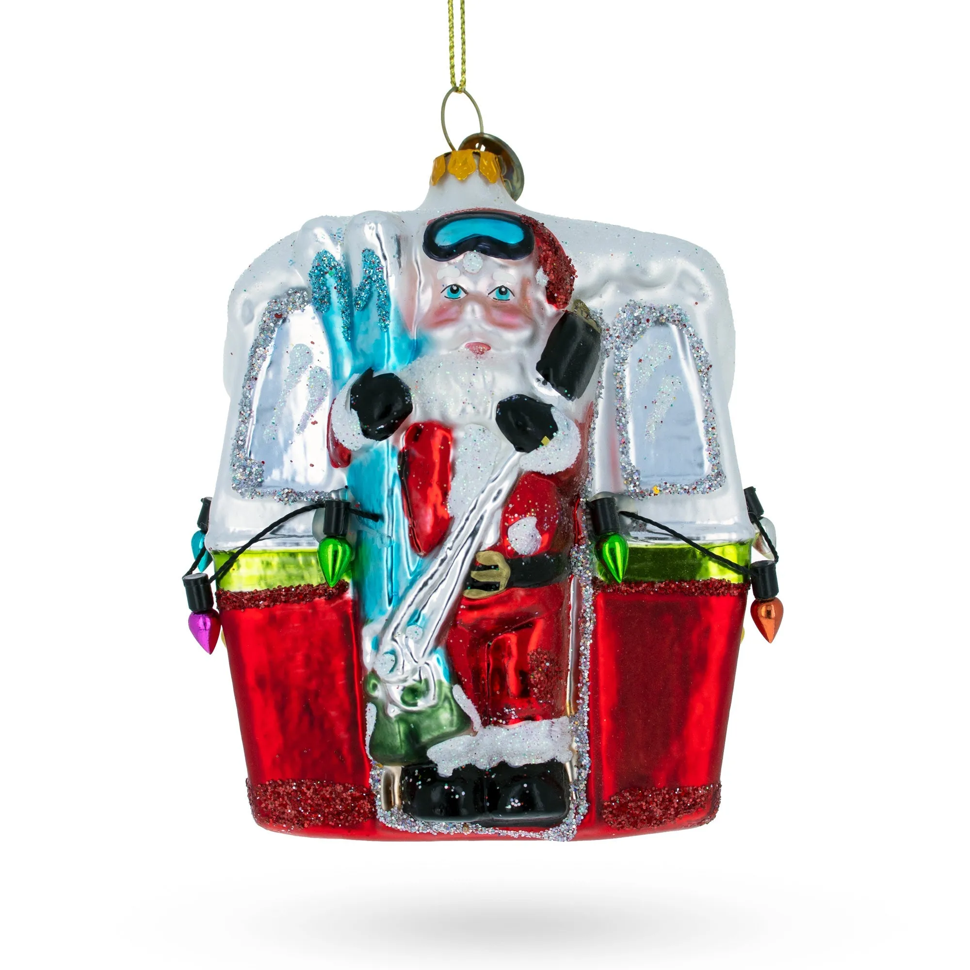 Adventurous Santa On Gondola With Skis - Blown Glass Christmas Ornament