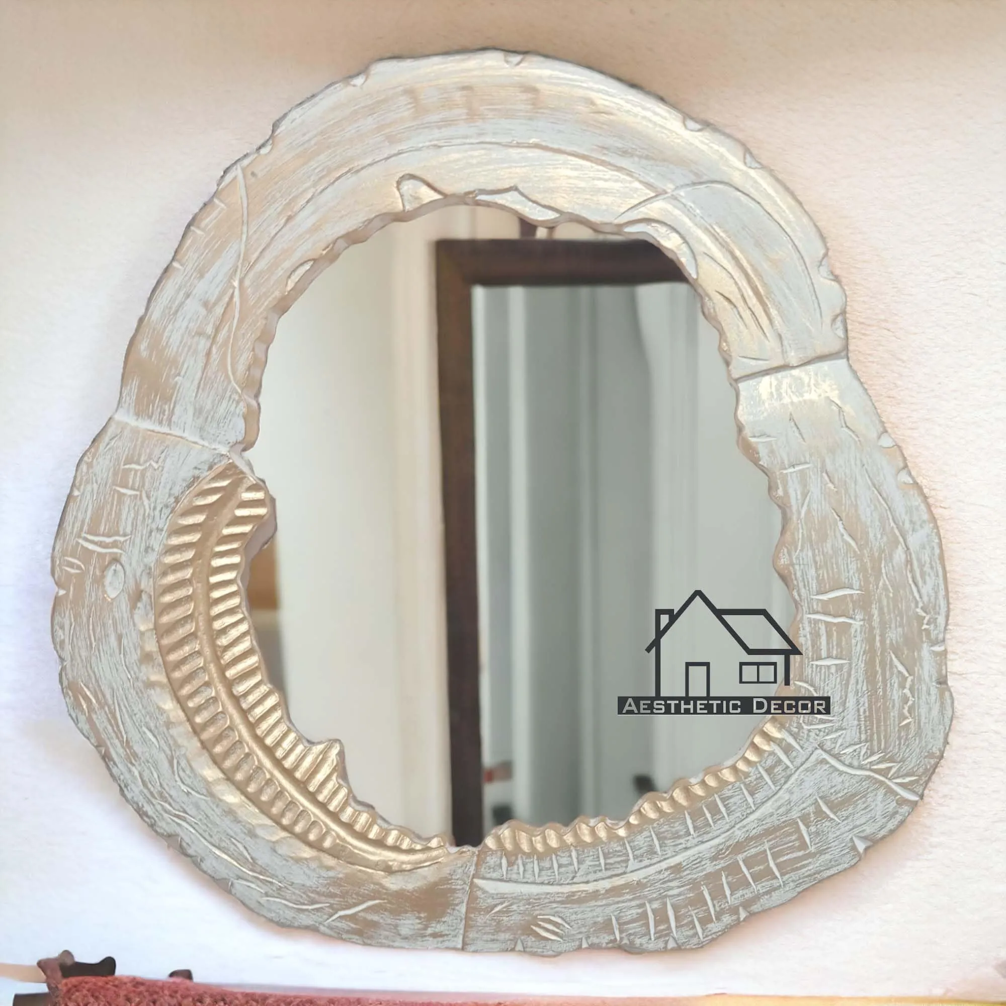 AESTHETIC DECOR Wooden Antique Handcrafted Mirror Frame with Live Edge Oval Shape Wall Mount for Makeup and Dressing (24"x24") Inches. (White Gold)