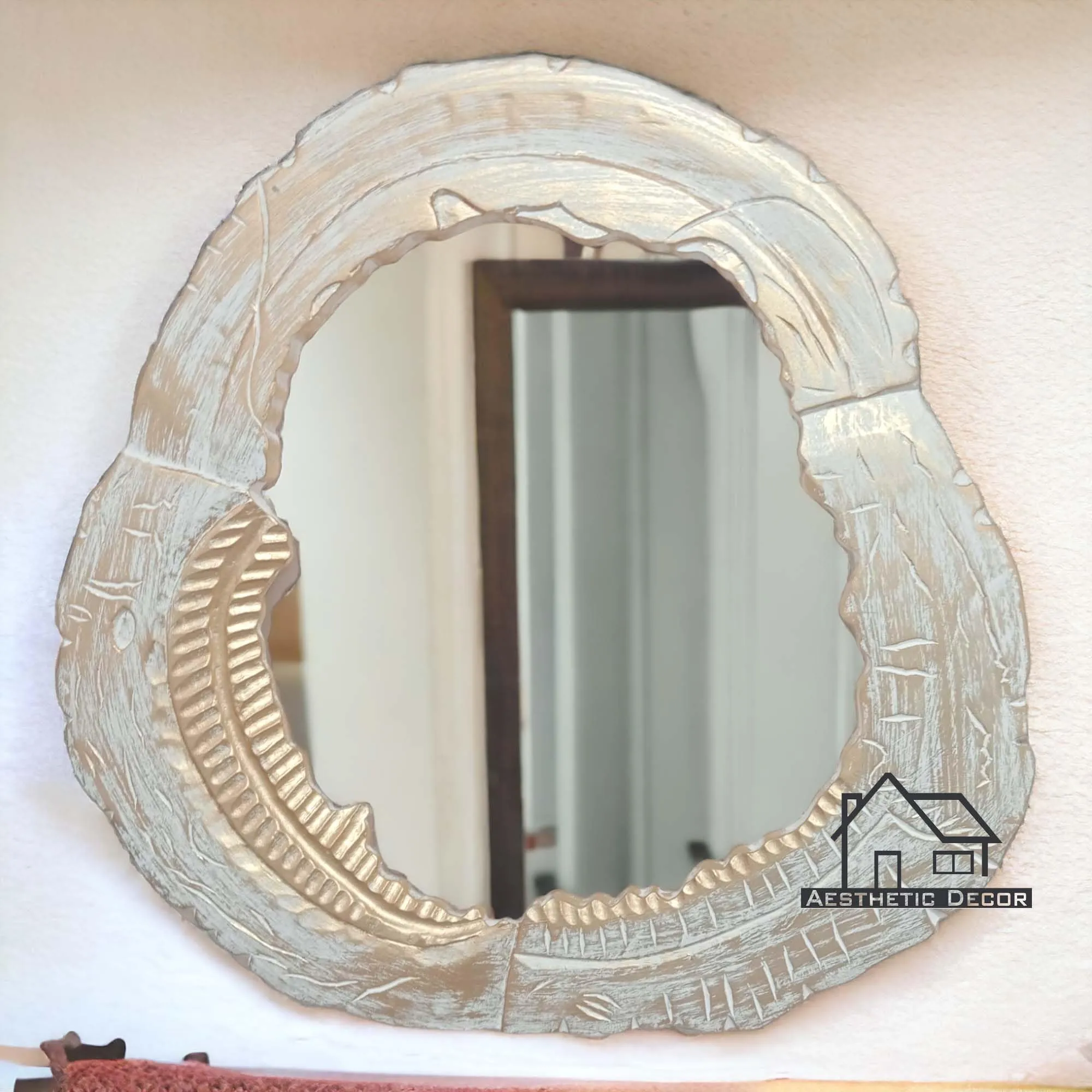 AESTHETIC DECOR Wooden Antique Handcrafted Mirror Frame with Live Edge Oval Shape Wall Mount for Makeup and Dressing (24"x24") Inches. (White Gold)