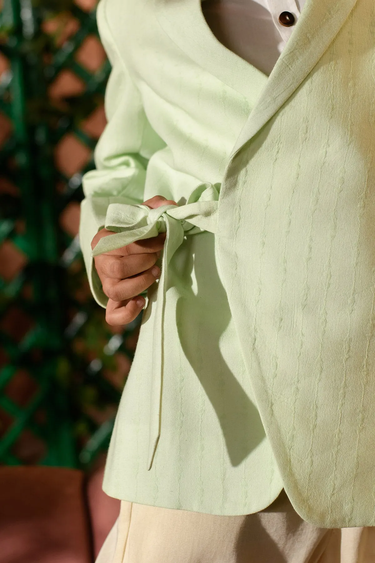 Afna  - 

 Pastel Green Blazer Paired With Vegan Silk  Trouser Set