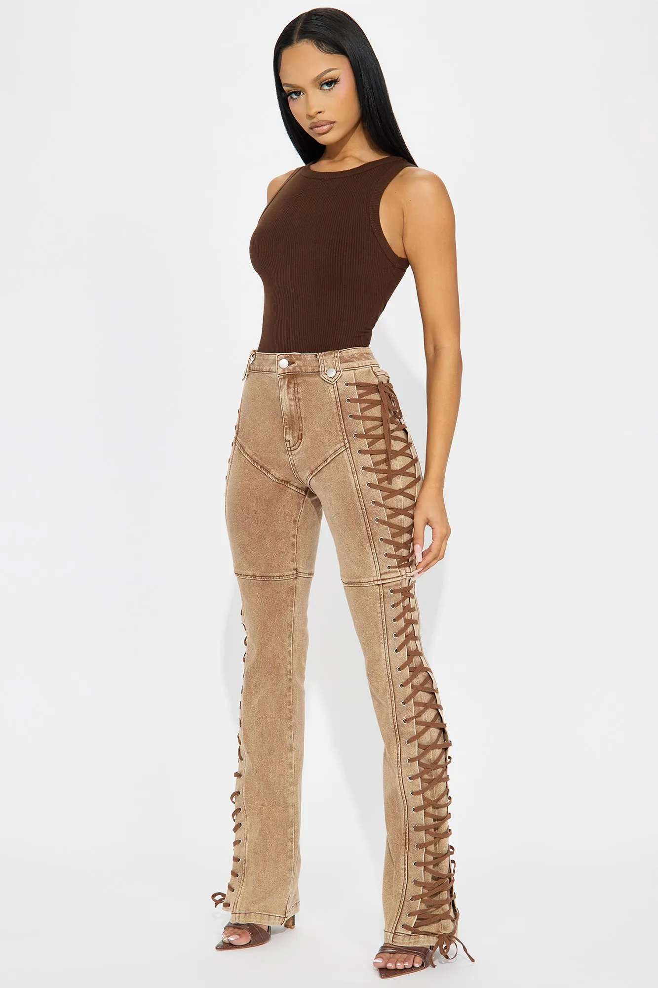 After Hours Lace Up Flare Pant - Khaki